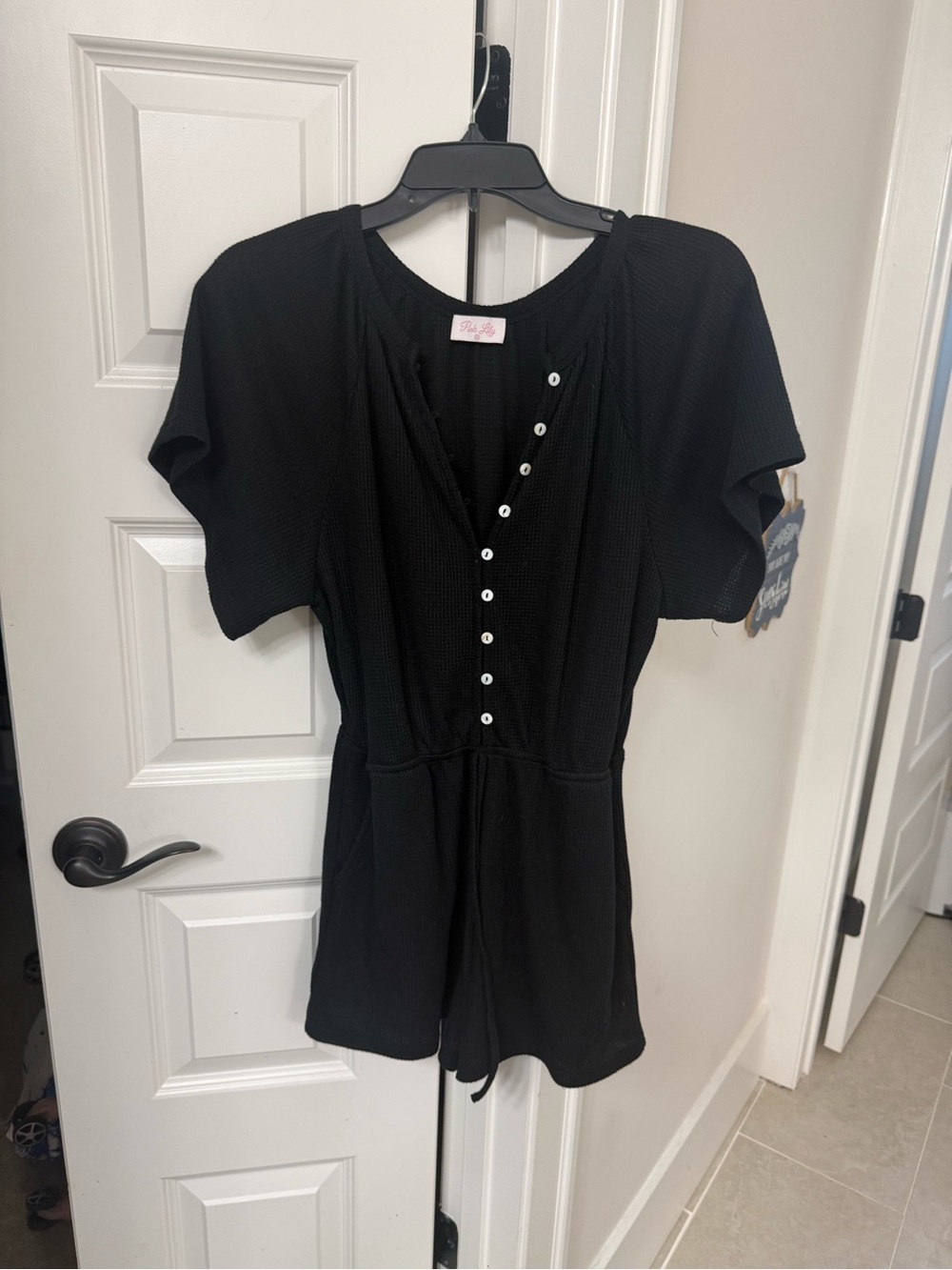 Black Button-Front Short Sleeve Romper - Pink Lily